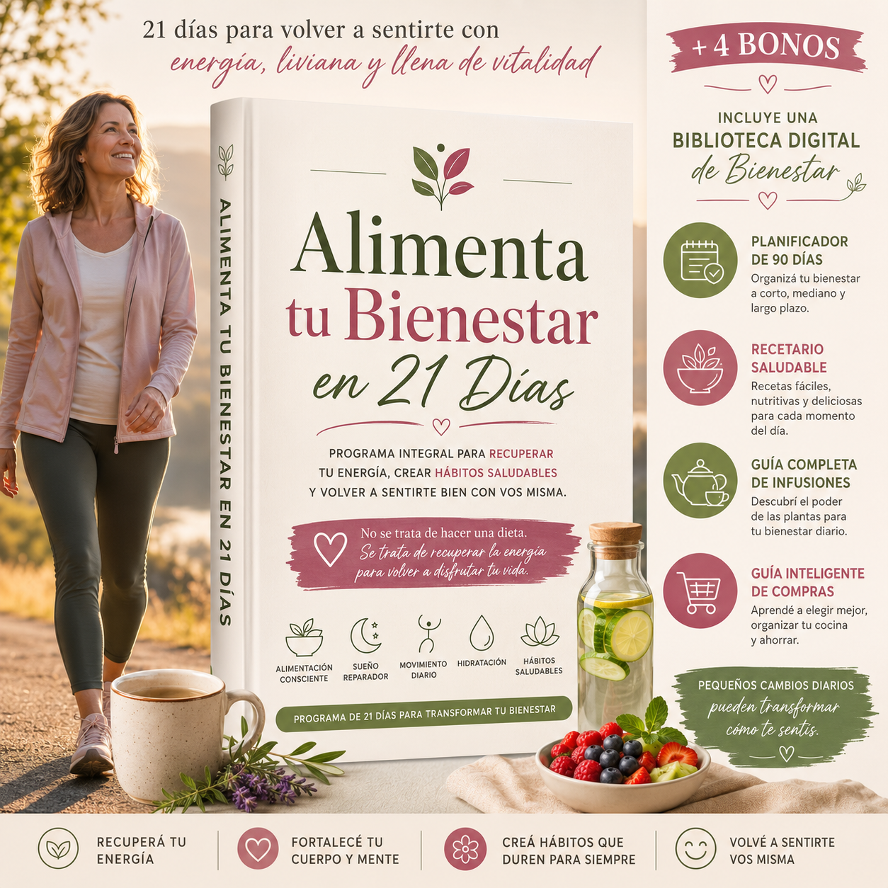 Alimenta tu bienestar en 21 días + 4 BONOS de regalo( incluye recetas): Transforma tu vida